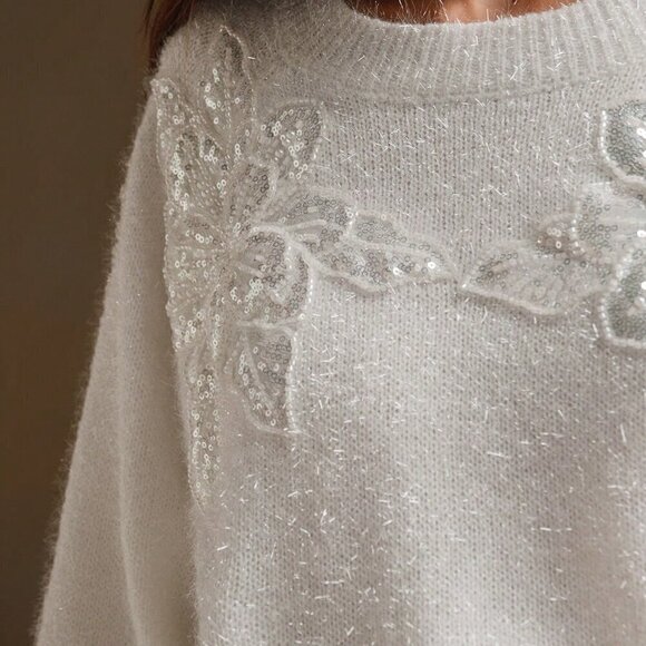 White Casual Women's Elegant Sequin Floral Round Neck Loose Sweater - Picture 2 of 8
